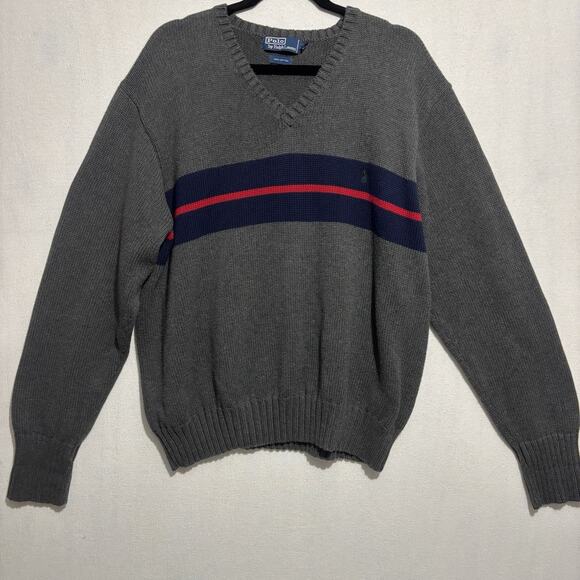 VTG Polo Ralph Lauren Sweater Mens 2XL Cherokee Stripe Blue Red V Neck Pullover - Picture 1 of 8